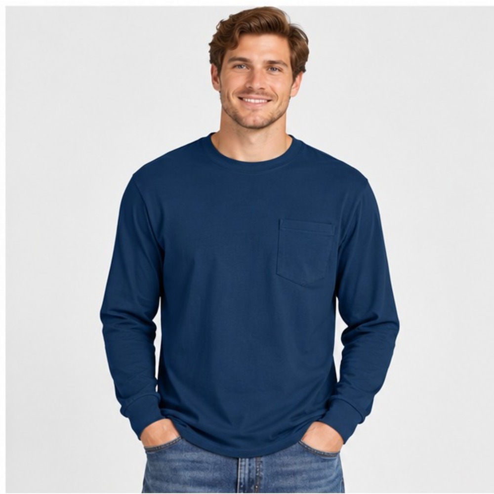Hanes Mens T Shirt Size L Navy Blue 100% Cotton Long Sleeve Pocket Crewneck 5596